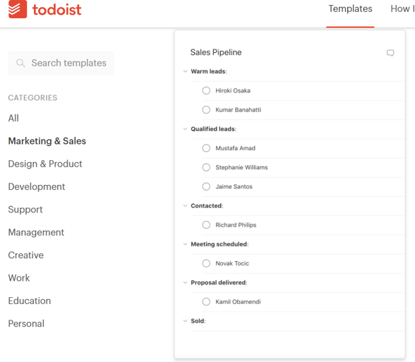 todoist screenshot of sales template